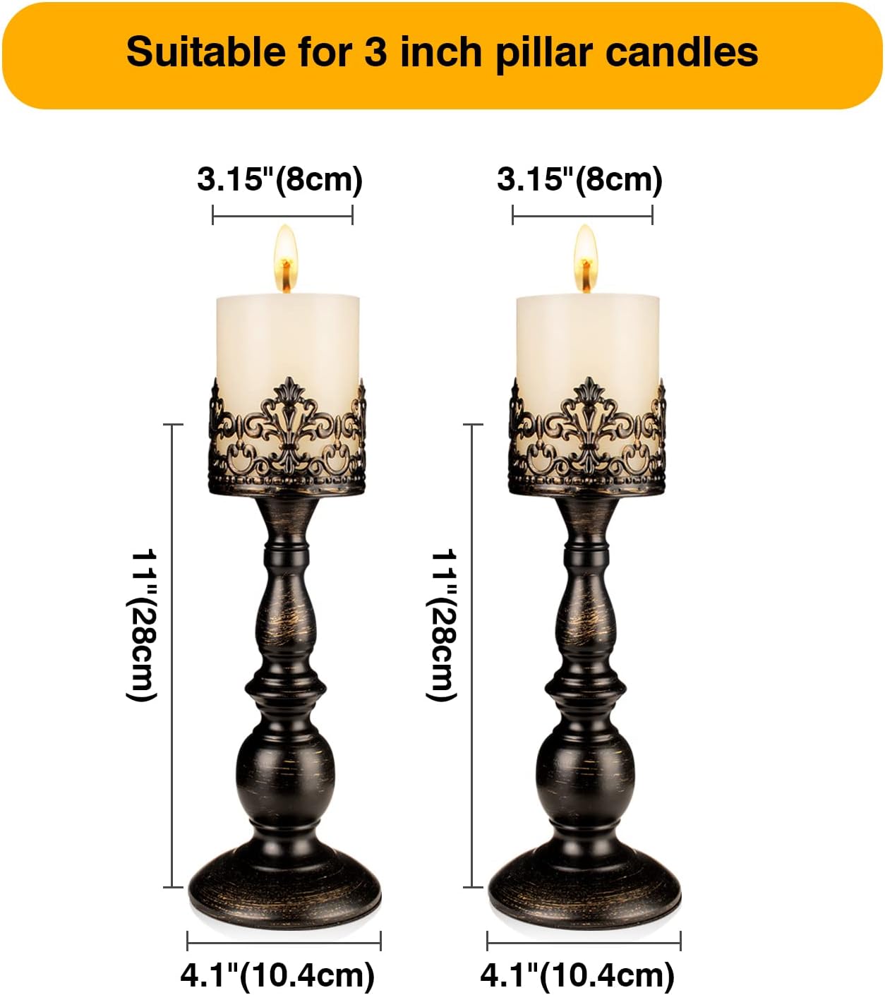 Candle Holders for Pillar Candles Gothic Matte Black Vintage Tall Candle Holders Set of 2 Decorative Large Table Centerpieces Candle Stand Decor (Distressed Black 2PCS A)