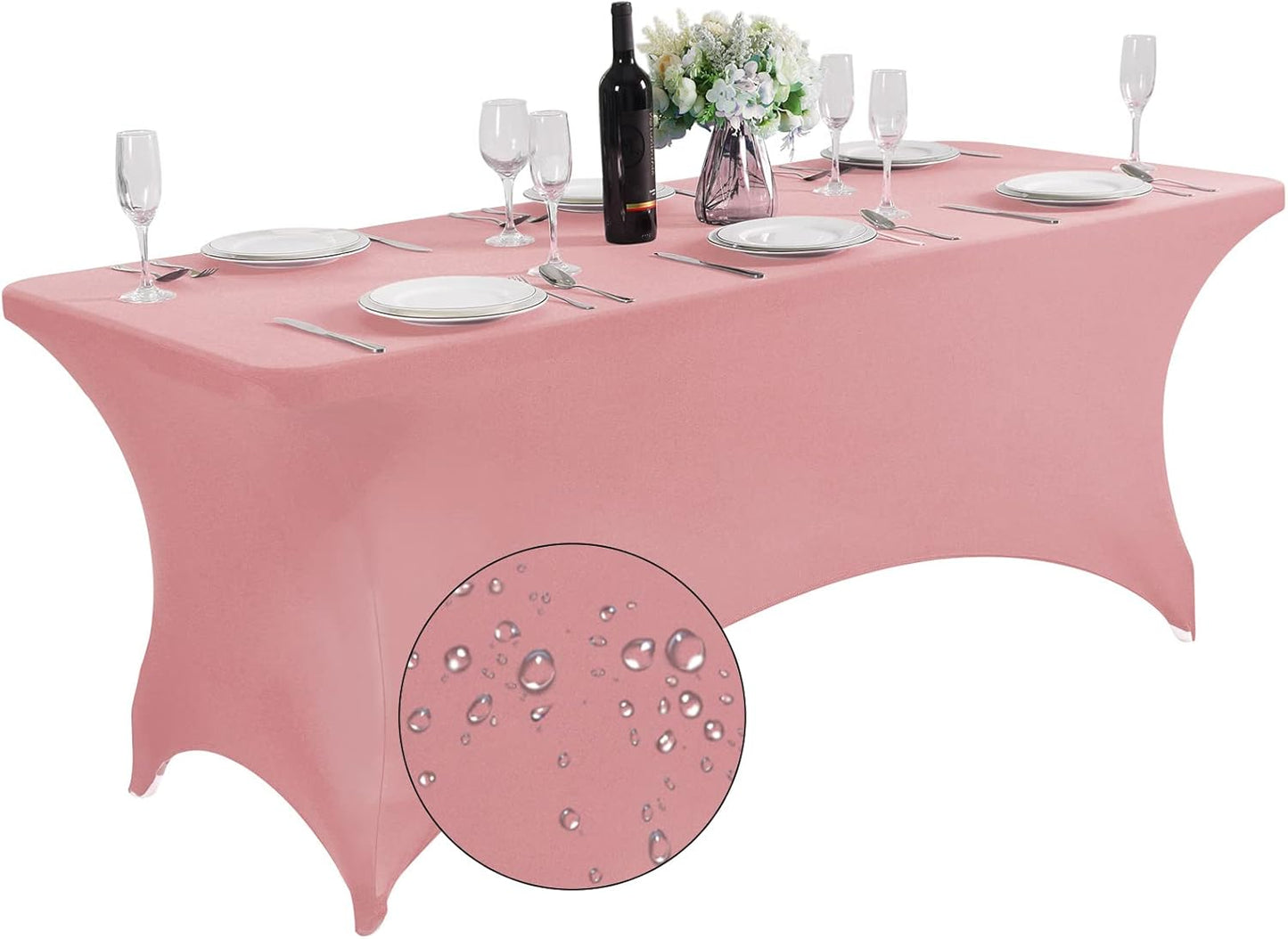 SuperO Waterproof Spandex Table Cover for 6FT Table Universal Fitted Stretch Tablecloth for Party, Banquet, Wedding and Events-Dusty Pink