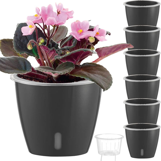 Self Watering Pots for Indoor Plants, 6-Pack 6.7'' Self Watering Planter with Drainage Holes, Small African Violet Pots with Water Indicator, Clear Wick Orchid Pot, Grey Gold