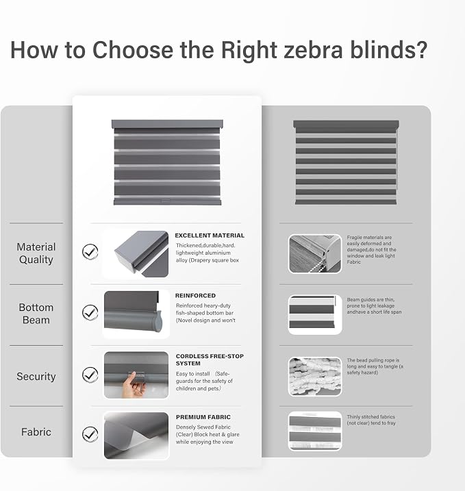 AOSKY Cordless Zebra Blinds for Windows Pull Down Roller Window Shades Dual Layer Light Filtering Privacy for Day and Night, Free-Stop Door Shades for Home Easy to Install (53" W X 72" H, Grey)