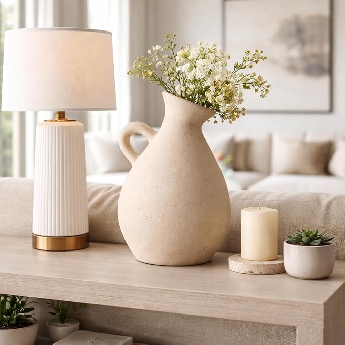 Terracotta Jug with Handle Vase for Living Room Decor - Decorative Home Accents for Bedroom, Office, and Table Centerpiece - Modern Flower Vase for Kitchen Counter and House Styling - 17", Ivory & Tan