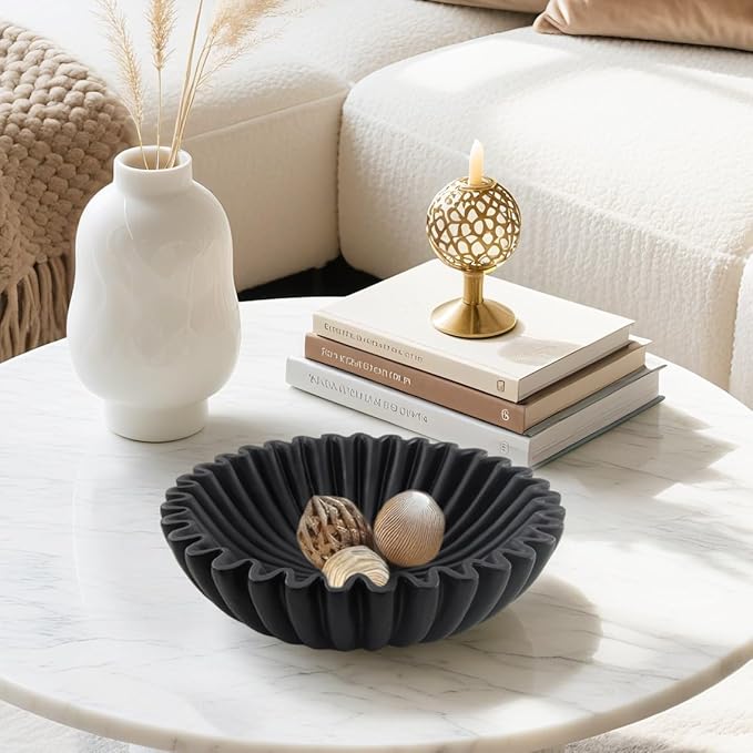 Large Modern Decorative Ruffle Bowl for Home Decor Fruit Bowl Organic Catch All Key Kitchen Entryway Shelf Coffee Table,Black