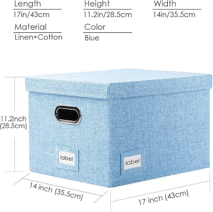 PRANDOM File Organizer Box - Set of 2 Collapsible Decorative Linen Filing Storage with Lids Office Cabinet Letter/Legal Size Blue (17x14x11.2 inch)