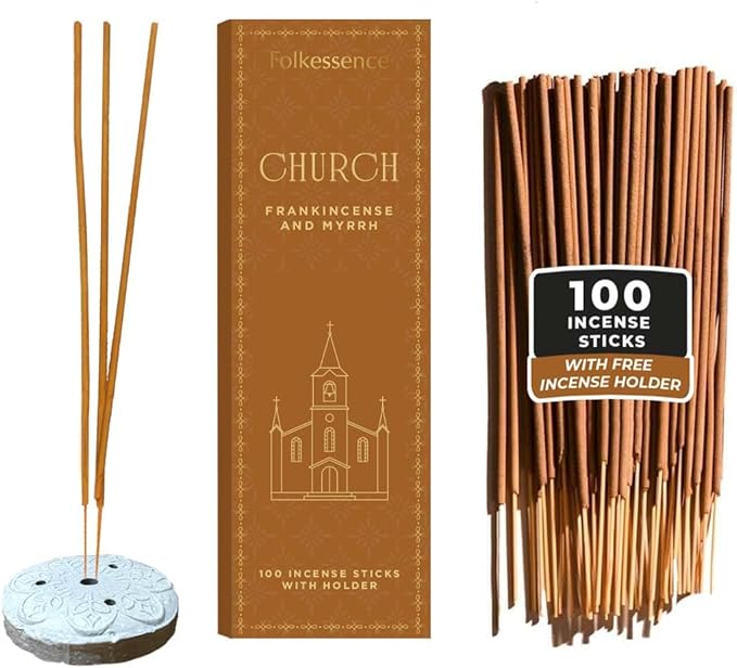 Folkulture Church Incense Sticks with Holder (100 Sticks) | Frankincense & Myrrh Catholic Incense Stick for Prayer, Daily Worship | No Charcoal,Organic,Non Toxic, 45 Mins, Long Burning Insence-Sticks
