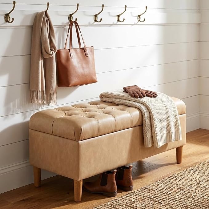 HomePop 40" Button Tufted Storage Bench with Cone Wood Legs - Sand Faux Leather