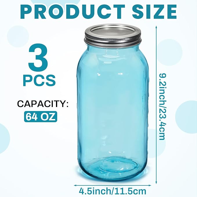 Norme 3 Pcs 64 oz Glass Mason Jars Glass Mason Jars Canning Container Set Embossed Half Gallon Fermenting Container with Airtight Lids for Canning Freezing Preserving Beverages Decor (Blue)