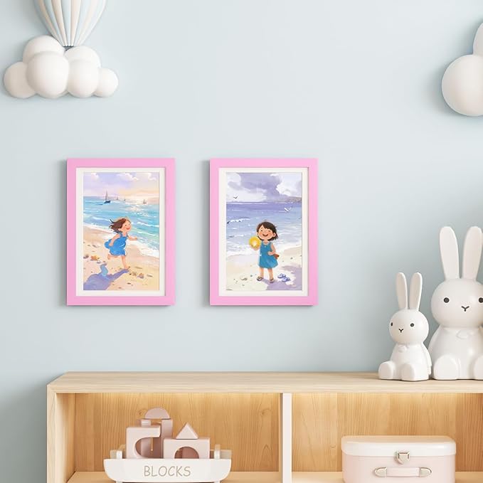 KINLINK A4 Kids Art Frame Set of 2, Solid Wood Kids Artwork Frames Changeable with Front Opening hold 150 Pictures, Art Frames for Kids Art with Mat，without Mat A4 Picture Frame Light Pink