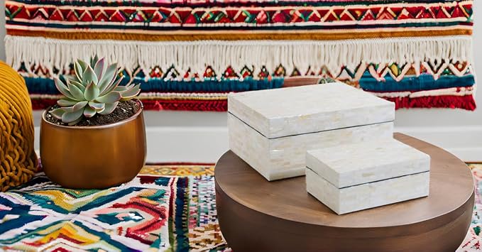 PEMAR Set of 2 Handmade Mother of Pearl Decorative Boxes with Hinged Lids, Ivory Shell Mosaic Keepsake Boxes, White Decorative Boxes for Coffee Table, Shelves, Bedroom & Home Décor & Gifts