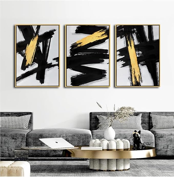 Sofoney - Gold Framed Black and Gold Abstract Canvas Wall Art Prints 3D Textured Black Brushstrokes Painting with Gold Foil, Modern Home Decor for Living Room Bedroom Office - 16"x24"x 3 Piece