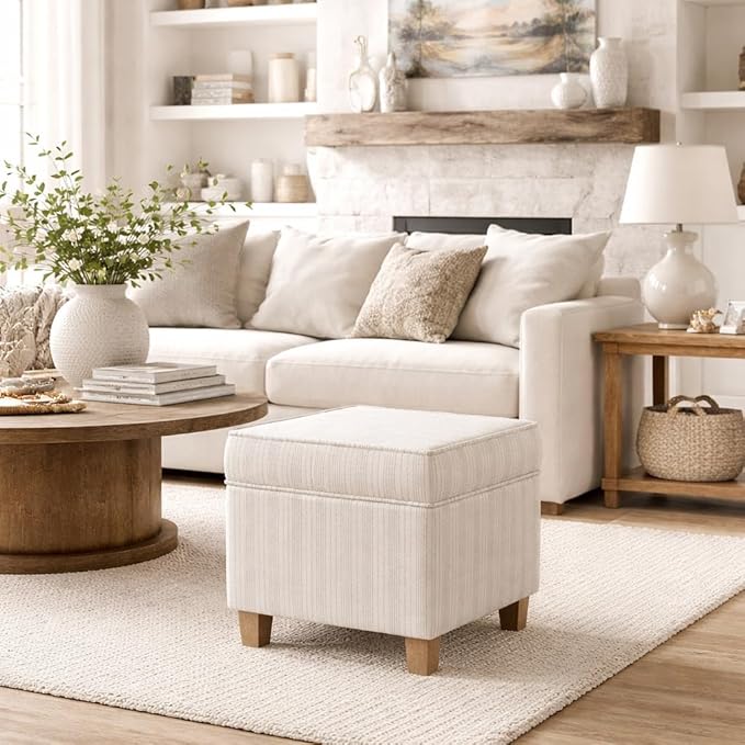 Homepop Home Decor Classic Square Storage Ottoman with Lift Off Lid | Ottoman with Storage for Living Room & Bedroom, Marigold Pinstripe Cream Fabric