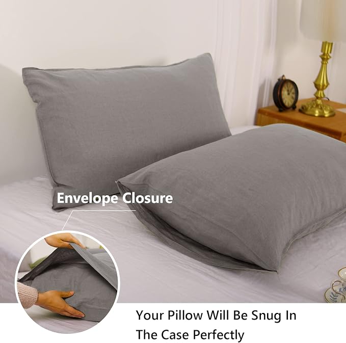 Simple&Opulence 100% Linen Pillowcases Basic Style Solid Color Set of 2, Queen Size Stone Washed Flax Pillow Cover Envelope Closure (20''x30'', Ultimate Grey)