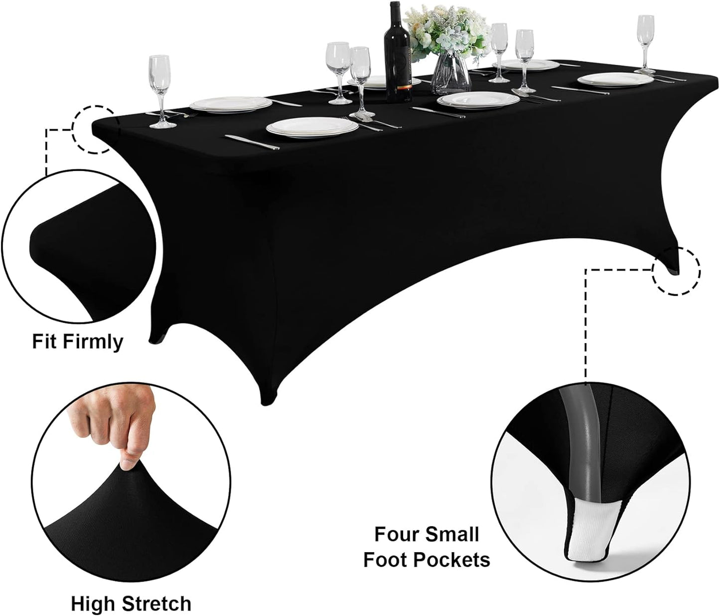 SuperO Waterproof Spandex Table Cover for 8FT Table Universal Fitted Stretch Tablecloth for Party, Banquet, Wedding and Events-Black