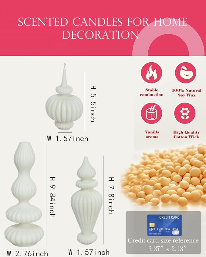Set of 3 White Pillar Candles Soy Wax Scented Ribbed Candles for Home Decor, Housewarming Gift, Shelf & Table Decor - Aesthetic Modern Candles Set