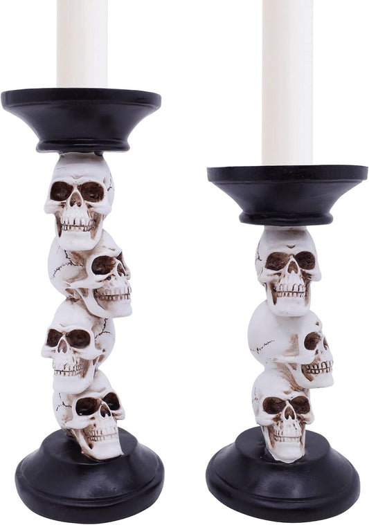 Etistta Halloween Skull Candle Holder for Fireplace Decorations, 9.5 Inch Tall Polyresin Candlestick Holders, White Bones Black Candlesticks for Decor, Set of 2