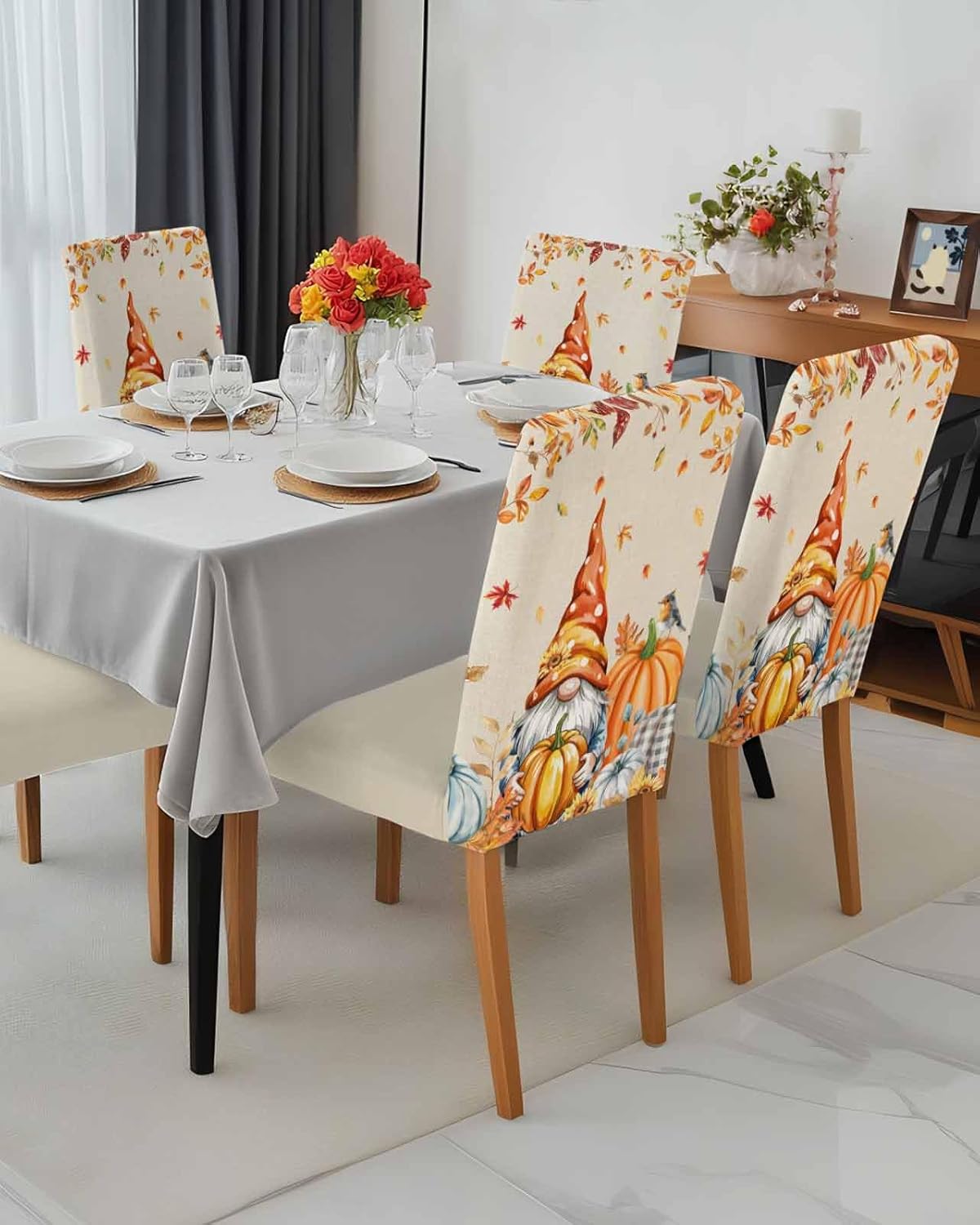 4 Pcs Dining Chair Covers Stretch Spandex Slipcovers Farm Thanksgiving Gnome Pumpkin Removable Washable Dining Room Seat Cover Cushion Protector for Home Hotel Banquet Decor Fall Maple Leaves Linen