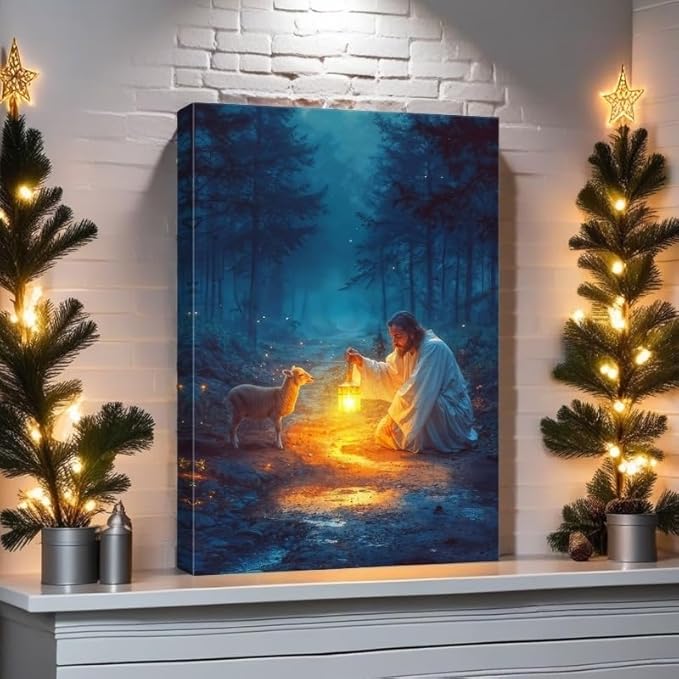 Ploceiny Christian gifts for women Religious wall art decorations for prayer room Jesus Running After Lost Lamb Picture Jesus and lamb canvas posters for home decor A-391 (16"X24")