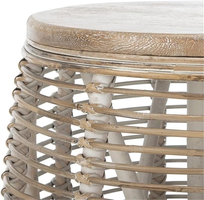 SAFAVIEH Furniture - Maui Rattan Drum Stool Table - Grey White-Wash - Rattan - Coastal Woven Design - Fully Assembled - Ideal for Living Room, Bedroom, Patio - Fully Assembled (STL6500A)