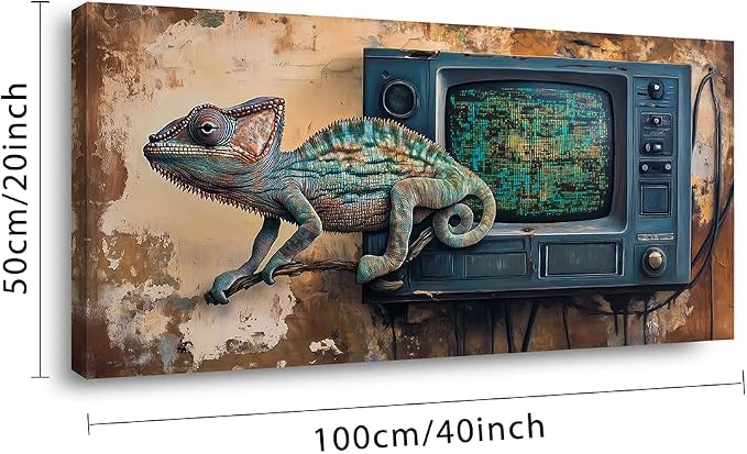 Ggaafet Retro Chameleon Wall Art for Bedroom Canvas Painting Prints Rustic TV Television Art Deco Fantasy Artwork Office Farmhouse Dining Room Decor