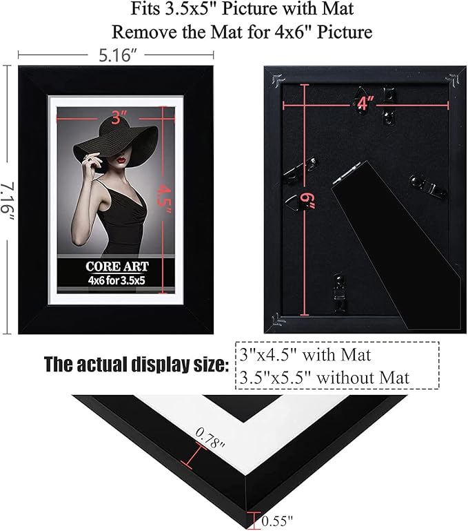 CORE ART 4x6 Black Picture Frame Set of 4,Display Pictures 3.5x5 with Mat or 4 x 6 without Mat,Multi Photo Frames Collage for Wall or Tabletop Display