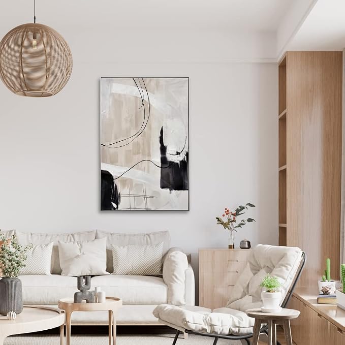 Creoate Framed Wall Art, Abstract Hand Painted Painting Textured Canvas Print Artwork Neutral Wall Art for Bedroom, Living Room Wall Decor, Ready to Hang, 27.5x41.5 Inch