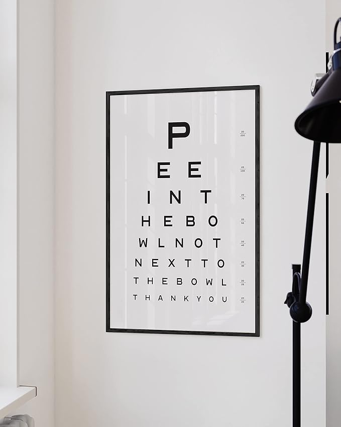 HAUS AND HUES Funny Bathroom Sign – Eye Exam Wall Art, Humorous Bathroom Print, Fun Wall Decor for Guest Bath, Restroom, or Home (24x36, Black Frame)