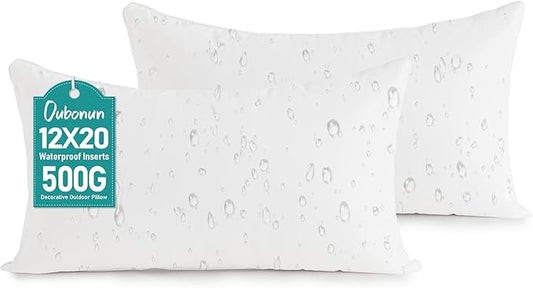 Oubonun 12x20 Outdoor Pillow Inserts (Pack of 2) - Square Waterproof Throw Pillow - Decorative Throw Pillows Insert for Couch Sofa Bed Patio Furniture - White Pillows