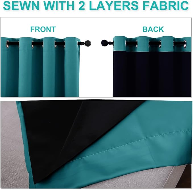 NICETOWN Peacock Teal 100% Blackout Lined Curtains, 2 Thick Layers Narrow Wide Window Treatment Panels Thermal Insulated Drapes for Kitchen Small Window (1 Pair, 37" Width x 63" Length Each Panel)