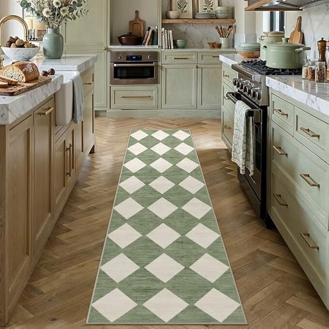 PureCozy Checkered 2x8 Runner Rug for Hallways Green and White Washable Long Carpet Non-Slip Low Pile Modern Soft Indoor Accent Throw Rugs for Entrance Kitchen Bedroom Dining Laundry