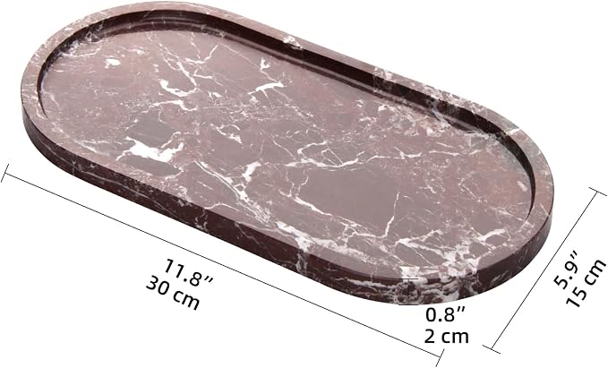 Oval Marble Bathroom Vanity Tray, Natural Luxury Marble Home Kitchen Bathroom Table Tray, Stone Decorative Countertop Tray for Coffee Perfume Jewelry (Rosso Lepanto, 12" x 6" x 0.8")