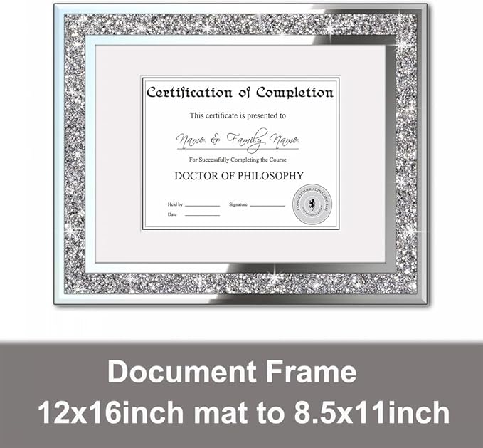 ALLartonly Mirror Photo Frame 12x16inch Mat To 8.5x11” 2 Pack, Crushed Diamond Bling Boarder, Crystal Glass Front , Wedding Picture Poster Frame, Diploma Frames Wall Certificate Document Frame.
