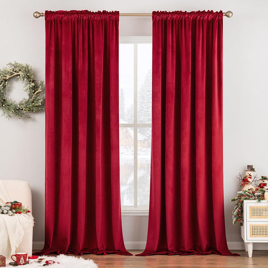 MIULEE Christmas Red Velvet Curtains Thermal Insulated Blackout Curtain Drapes for Bedroom Living Room Darkening 72 Inches Long Curtains Panels Rod Pocket Set of 2