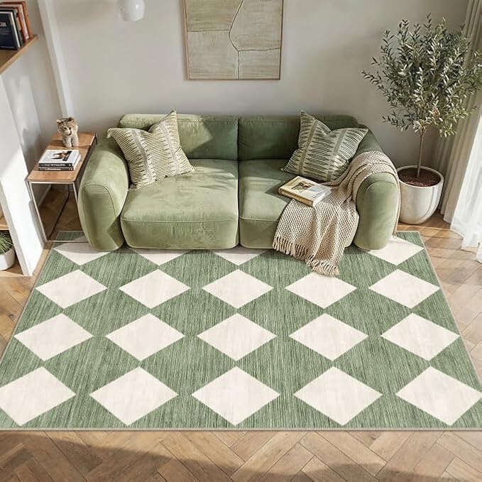 PureCozy Machine Washable 3x5 Area Rugs for Entryway Modern Soft Green and White Checkered Indoor Door Mats Non-Slip Stain Resistant Low Pile Accent Small Rug for Bedroom Kitchen Laundry Entrance