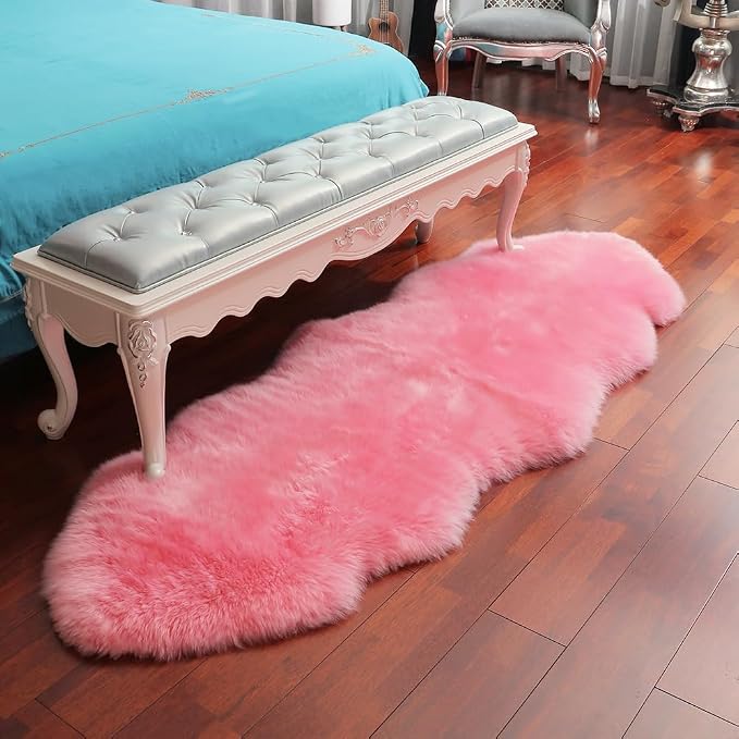 IRIWOOL Premium Genuine Fur Sheepskin Rug Real Australia Sheepskin Natural Luxury Fluffy Lambskin Fur Area Rug Seat Covers for Kids Bedroom Sofa Chair Cover (Pink, Double Pelt/2ft x 6ft)