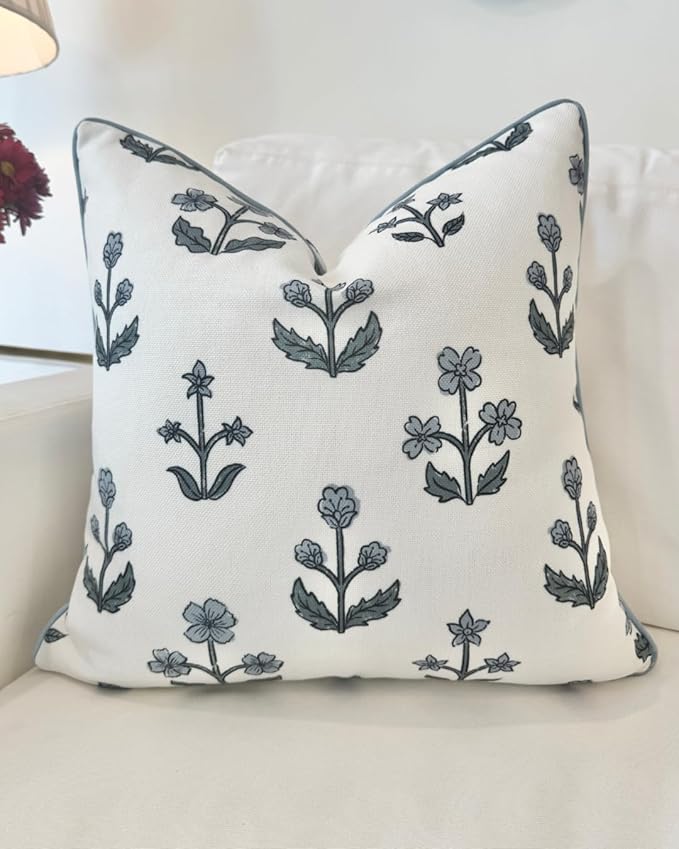 Jillien Harbor "The Bella” Floral Block Print Pillow Cover – Blue & White Decorative Throw Pillow Cover with White Background – Grandmillennial Home Decor, 20" x 20"