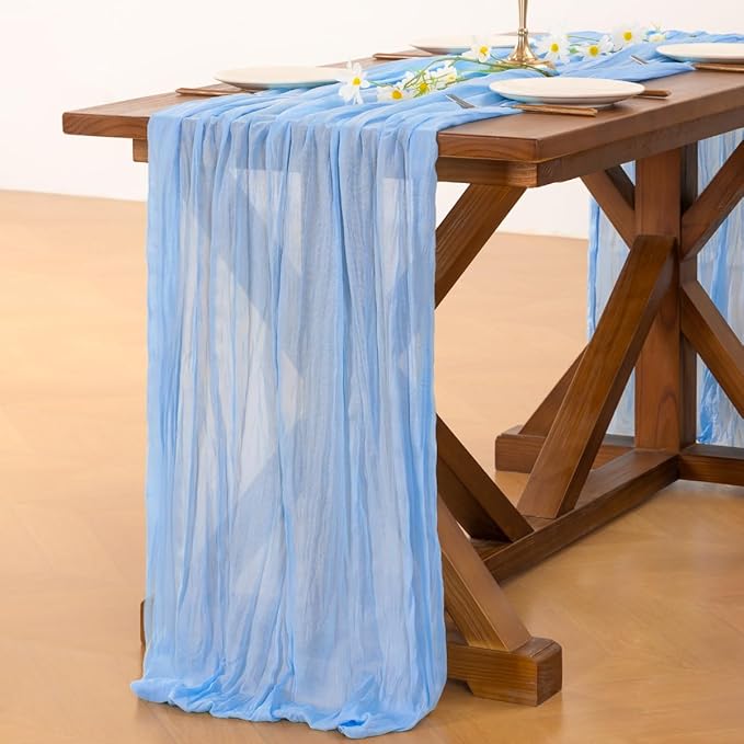 Socomi Blue Cheesecloth Table Runner Easter Spring Light Blue Boho Rustic Gauze 120 inch 10FT Cheese Cloth Runner for Wedding Party Baby Shower Birthday Home Decor Holiday Decorations