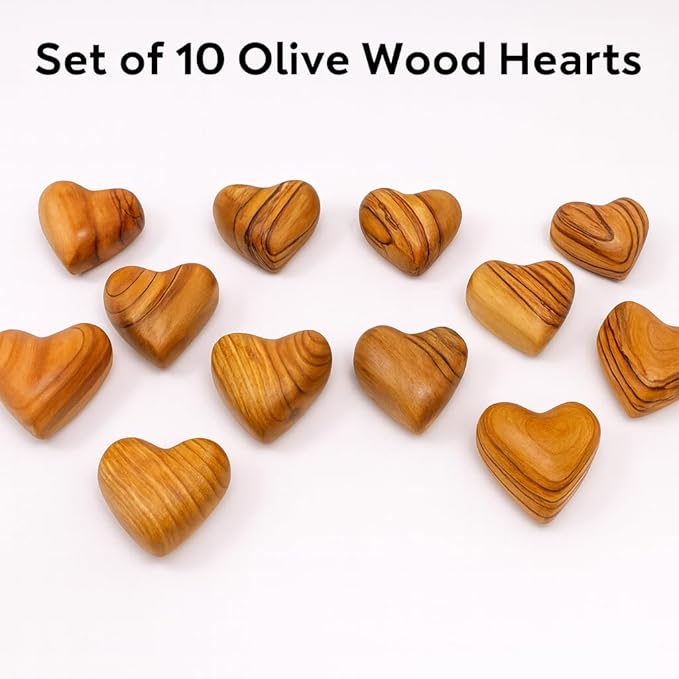 Zuluf Set of 10 Mini Olive Wood Hearts 1.2" Bulk Pack Hand Carved Wooden Hearts Wedding Favors Party Pack Valentine Bowl Filler Decorations Pocket Hug Sympathy Gift Made in Bethlehem w/Certificate