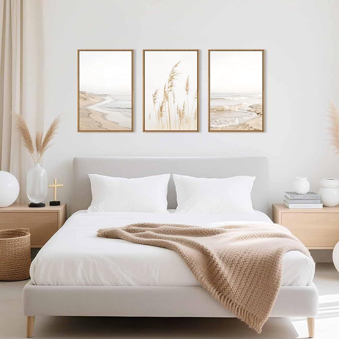 HPNIUB Modern Beach Waves Framed Wall Art Set,Seaside Reed Pathway Wall Decor,Minimalist Neutral Coastal Landscape Printing,Boho Seascape Nature Artwork for Living Room, Bedroom,Bathroom-16''x24''x3