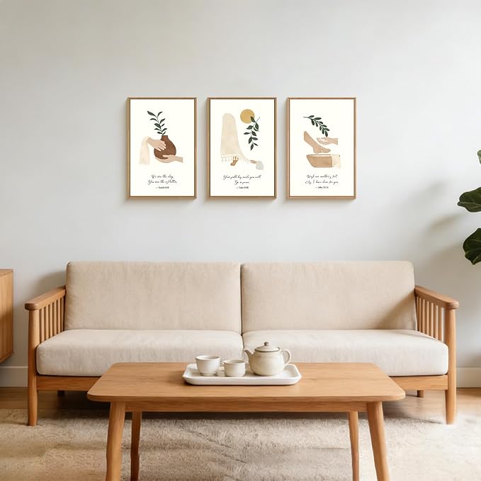 HPNIUB Christian Boho Framed Canvas Wall Art Set,Minimalist Beige Green Botanical Wall Decor,Vintage Bible Verse Art,Neutral Jesus Scripture Art Print for Living Room,Bedroom,Prayer Room-24"x36"x3