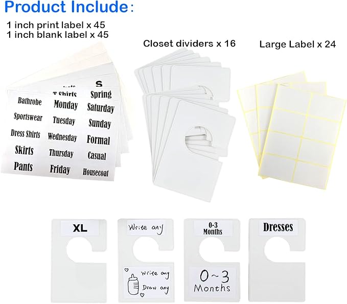 20 Pack White Clothing Rack Size Dividers Plus 90 Labels (1 Inch) and 20 Large Blank Labels, Large Rectangular Clothing Closet Dividers (Pearl White)