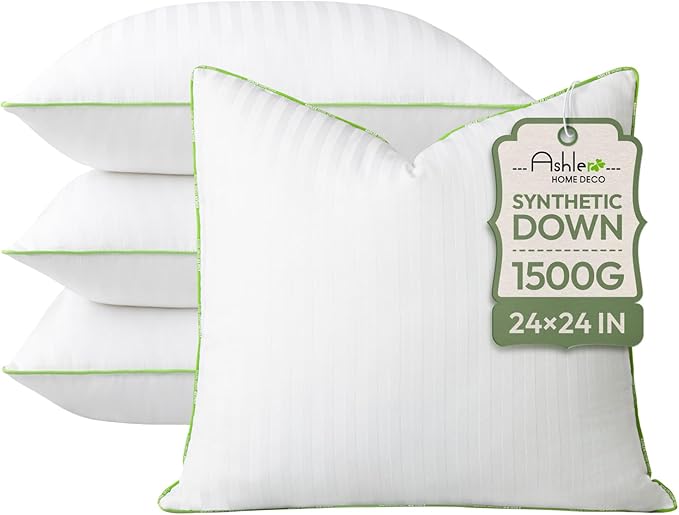 Ashler Home Deco Synthetic Down Pillow Inserts, 24x24 Down Alternative Throw Pillows Insert Sleeping Pillows with 100% Cotton Cover Decorative Pillow Stuffer for Sofa, Couch Bed(Set of 4, White)