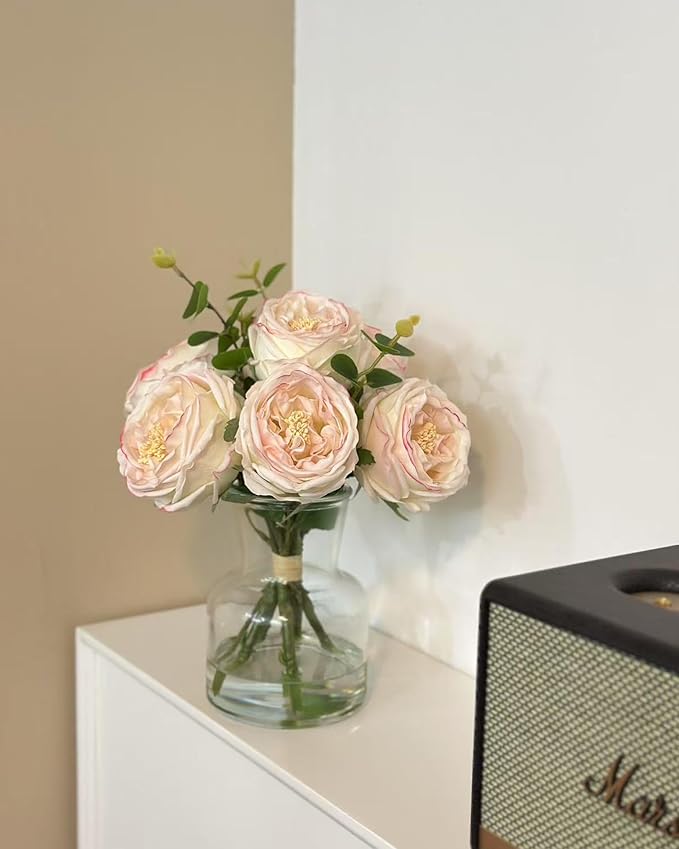 CHASMILE Lifelike Artificial Light Pink Rose Bouquet in Vase - 3D Petals & Stem Design - Table Centerpiece for Wedding, Restaurant, or Home Dining Room
