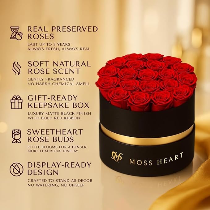 20 Mini Preserved Roses, Round Luxury Gift Box, Real Forever Roses Last 1+ Year, Premium Romantic Gift for Women, Wife, Girlfriend, Mother’s Day, Birthday, Anniversary, Valentine’s Day