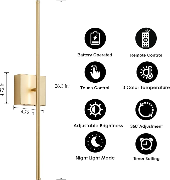 KARTOOSH Removable Battery Operated Wall Sconces with Remote Control, Stepless Colors 3000K-6000K & Dimming, 350°Rotate, LED Gold Wireless Wall Light for Living Room, Bedroom, 28.3 Inch (2 Pack)