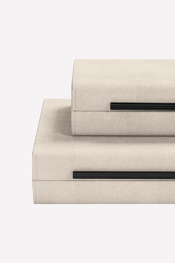 Ivory Shagreen Decorative Boxes Set of 2-Modern Faux Leather Jewelry Orgazier, Engineered Wood Keepsake Boxes With Black Metal Handles for Home Decor Living Room Console Table, Gift (Ivory)