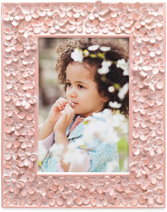 Isaac Jacobs 4x6 Pink Flower Textured Hand-Crafted Resin Picture Frame w/Easel & Hook for Tabletop & Wall Display, Decorative Floral Design Home Décor, Photo Gallery, Art (4x6, Pink) (Pack of 2)