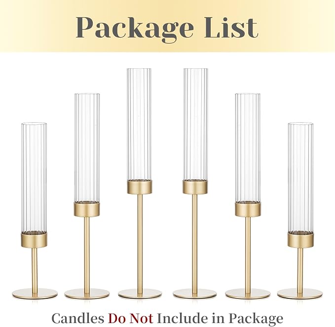 Hewory Gold Hurricane Candle Holders: Brass Candlestick Holders Set of 6 Tall Taper Candle Holders for Candlesticks Candle Sticks Holder Decor for Table Centerpiece Wedding Party Christmas Decorations