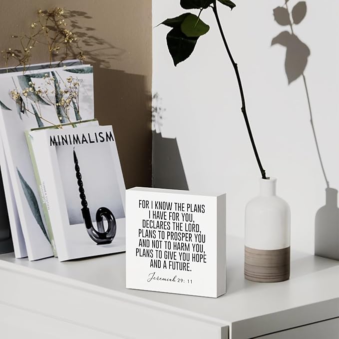 For I Know the Plans I Have for You Jeremiah 29:11 Wooden Box Sign Inspirational Decor Christian Gifts Bible Verse Decorations for Home Office Shelf Table Desk Gifts for Women 5 x 5 Inch