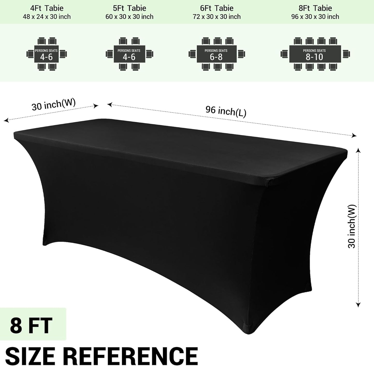 Obstal 8ft Stretch Spandex Table Cover - 4 Pack Universal Rectangular Fitted Tablecloth Protector for Wedding, Banquet and Party, Black