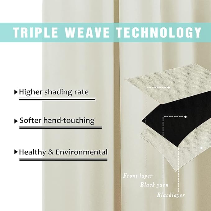 NICETOWN Cold Reducing Curtains, Kitchen Short Full Blackout Curtain Panels, Great Job for Blocking Light, Complete Blackout Draperies with Black Liner for Night Shift (Beige, Set of 2, 37 by 63-inch)