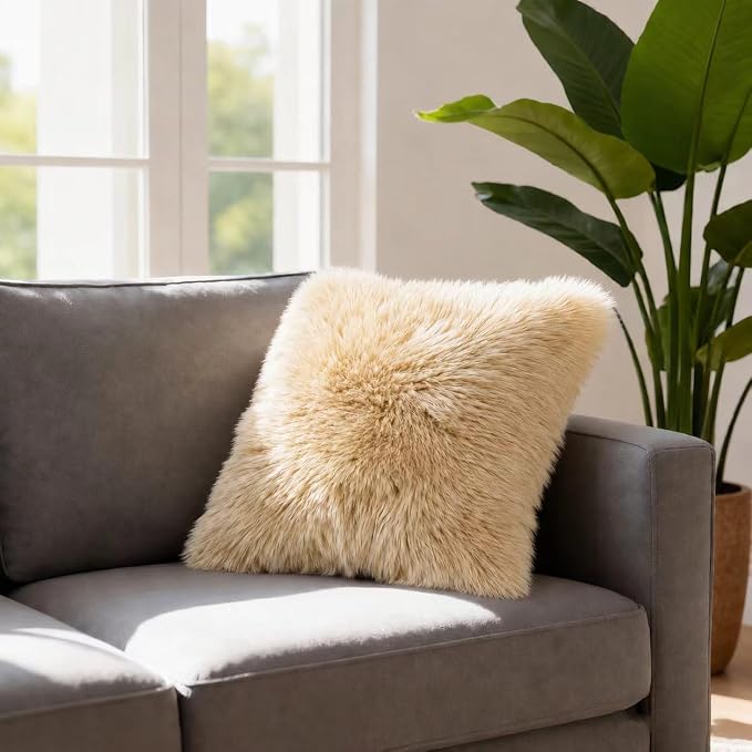 Luxury Soft Fur Sheepskin Fleece Cushion Cover Pillowcase Decorative Throw Pillows Covers, No Pillow Insert, (Khaki Camel, Pack of 2)